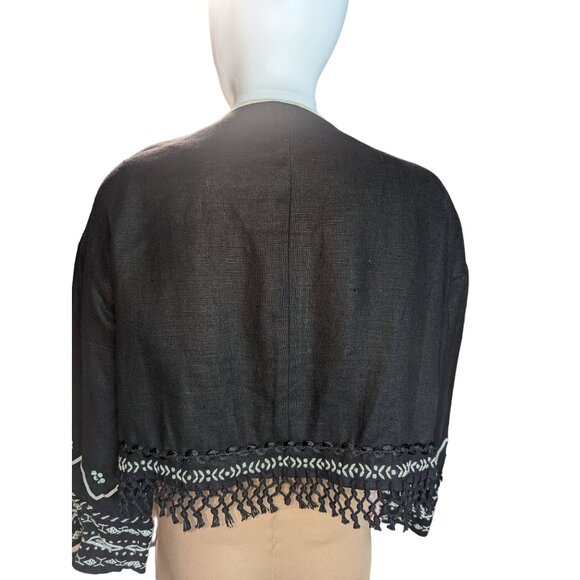 Vintage DKNY Boho Festival Boxy Cropped Beaded & Fringe Jacket 100% Linen Sz M - Picture 8 of 13